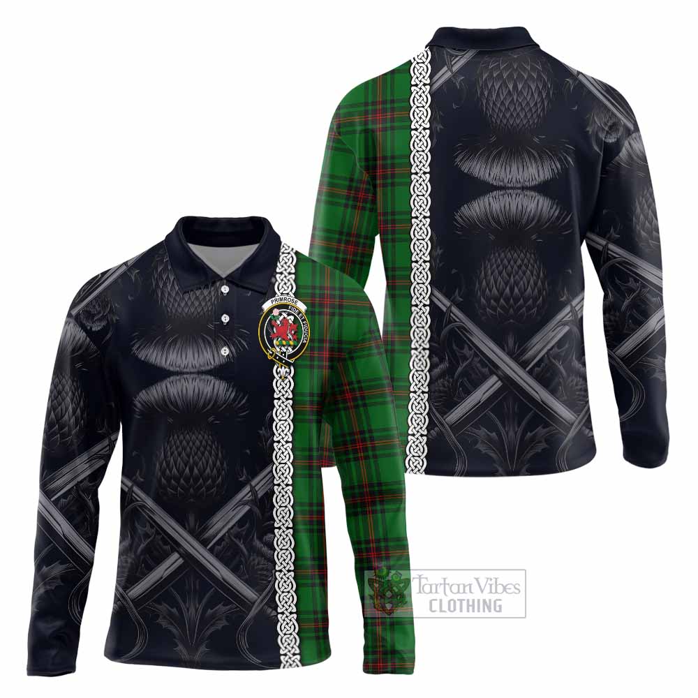 Tartan Vibes Clothing Primrose Tartan Long Sleeve Polo Shirt with Family Crest Cross Sword Thistle Celtic Vibes