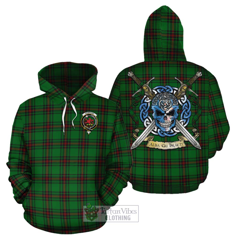 Tartan Vibes Clothing Primrose Tartan Cotton Hoodie with Family Crest Celtic Skull Style