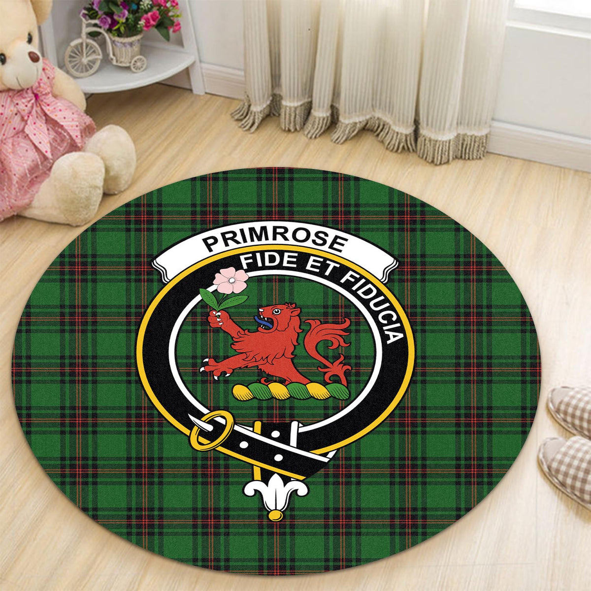 Primrose Tartan Round Rug with Family Crest - Tartan Vibes Clothing