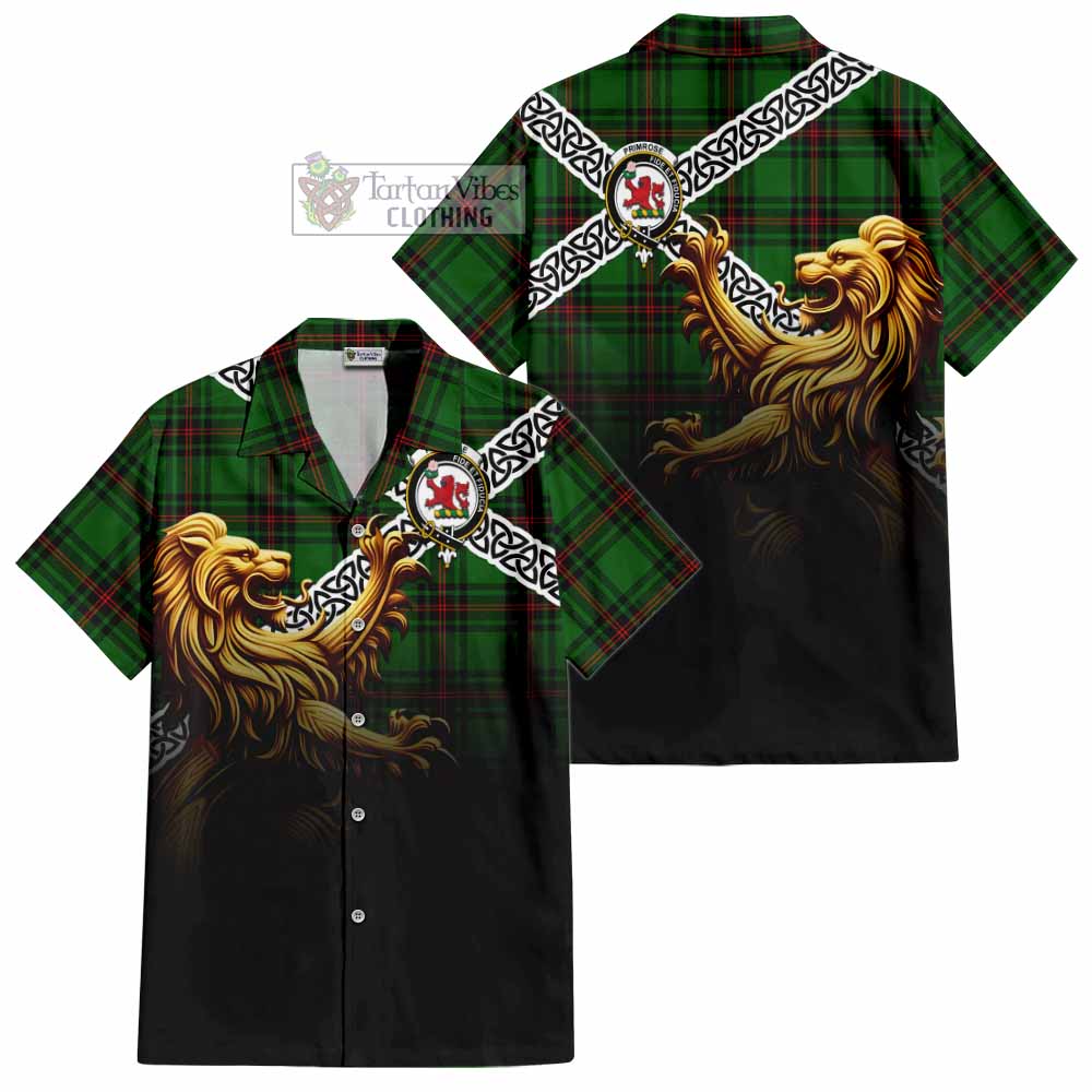 Primrose Crest Tartan Hawaiian Shirt with Golden Lion Emblem Celtic Style - Tartan Vibes Clothing