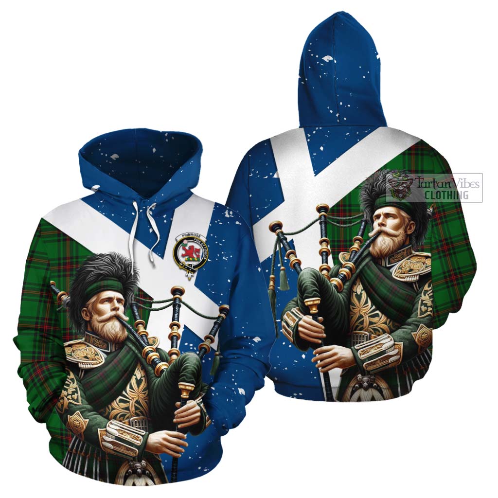 Tartan Vibes Clothing Primrose Tartan Cotton Hoodie with Family Crest Scottish Bagpiper Vibes