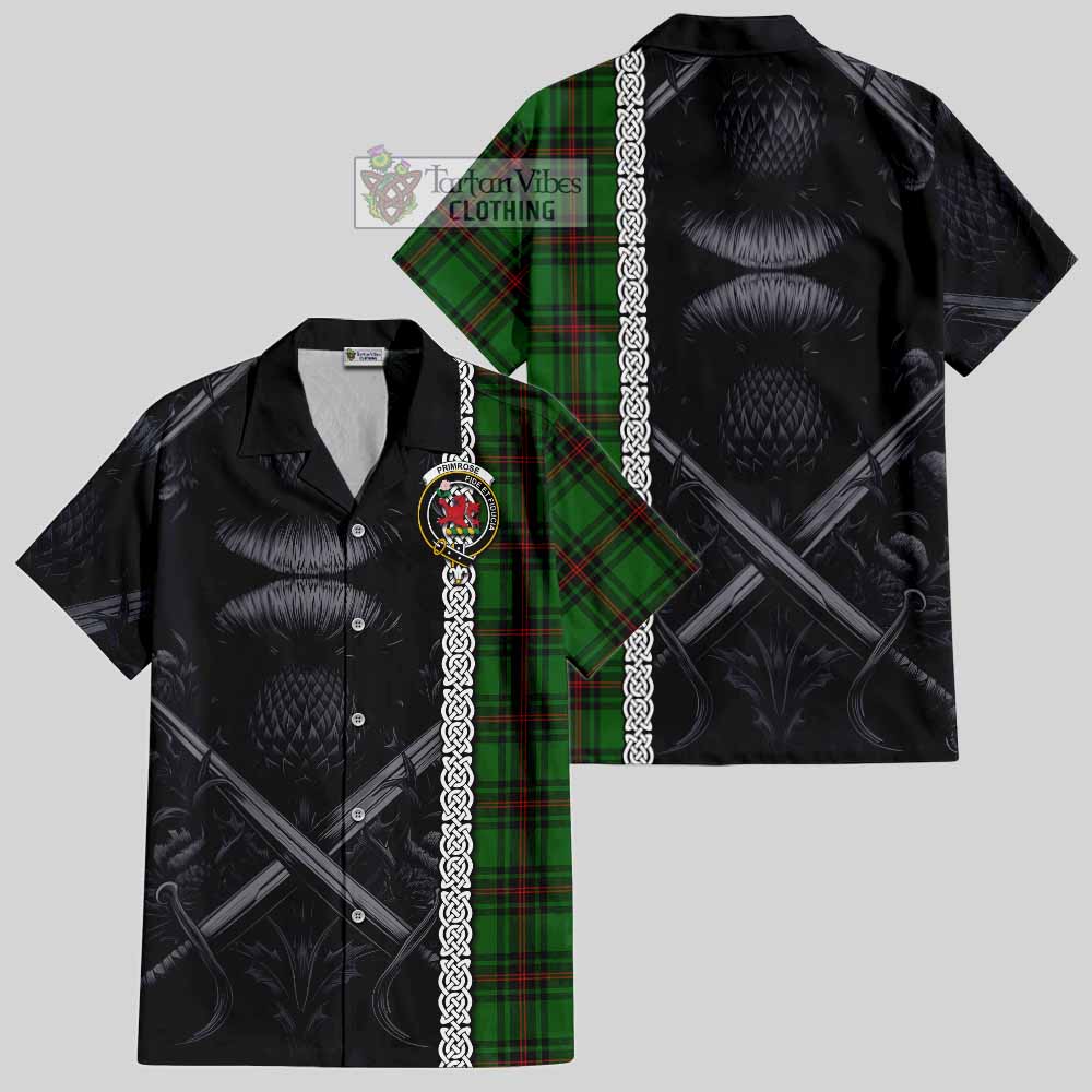 Tartan Vibes Clothing Primrose Tartan Short Sleeve Button Shirt with Family Crest Cross Sword Thistle Celtic Vibes