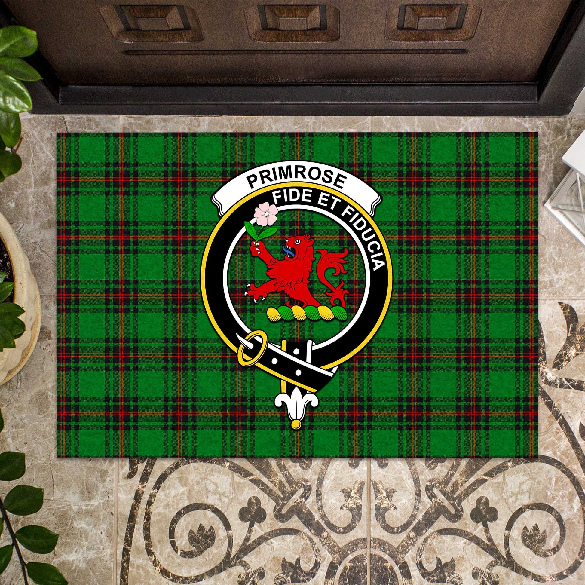 Primrose Tartan Door Mat with Family Crest - Tartanvibesclothing