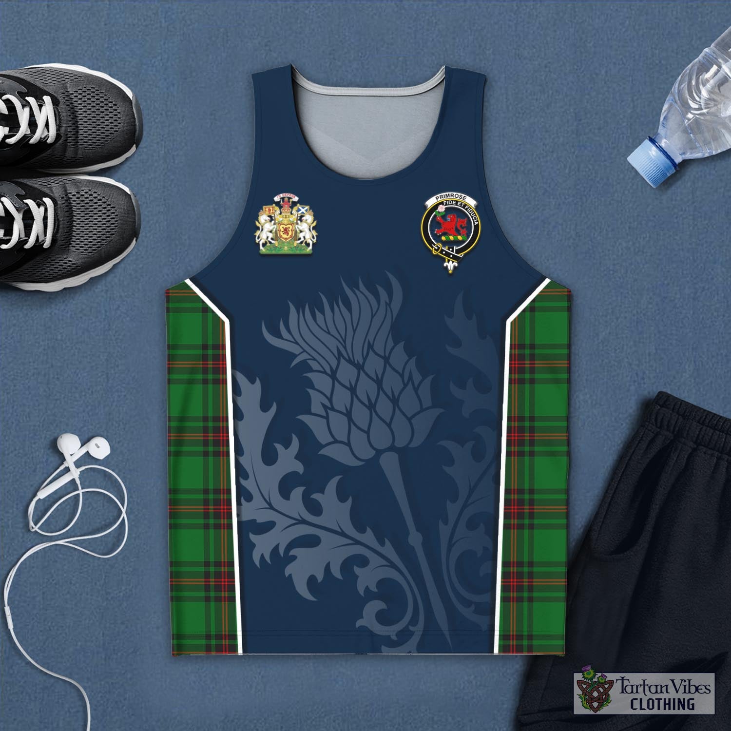 Tartan Vibes Clothing Primrose Tartan Men's Tanks Top with Family Crest and Scottish Thistle Vibes Sport Style