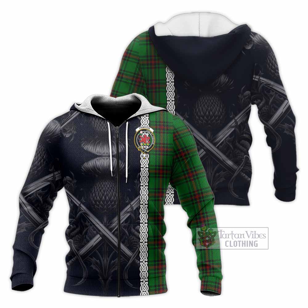 Tartan Vibes Clothing Primrose Tartan Knitted Hoodie with Family Crest Cross Sword Thistle Celtic Vibes