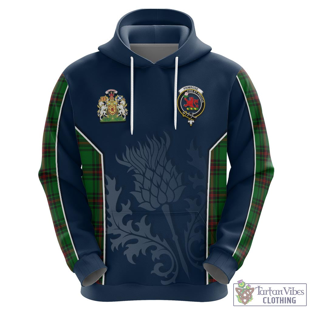 Tartan Vibes Clothing Primrose Tartan Hoodie with Family Crest and Scottish Thistle Vibes Sport Style