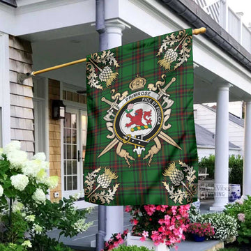 Primrose Tartan Garden Flag with Family Crest and Golden Thistle Crossed Sword Design - Tartan Vibes Clothing