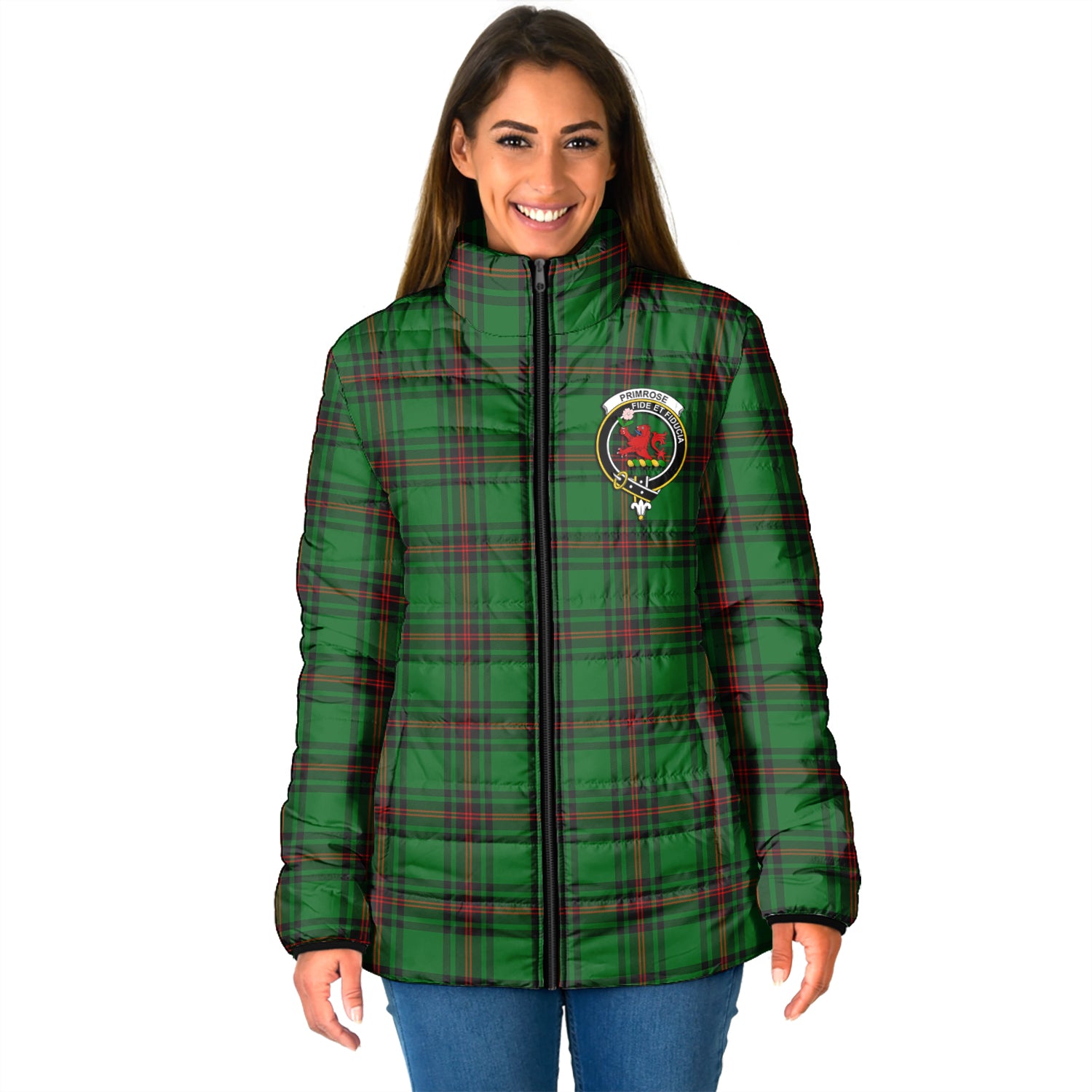 Primrose Tartan Padded Jacket with Family Crest - Tartan Vibes Clothing