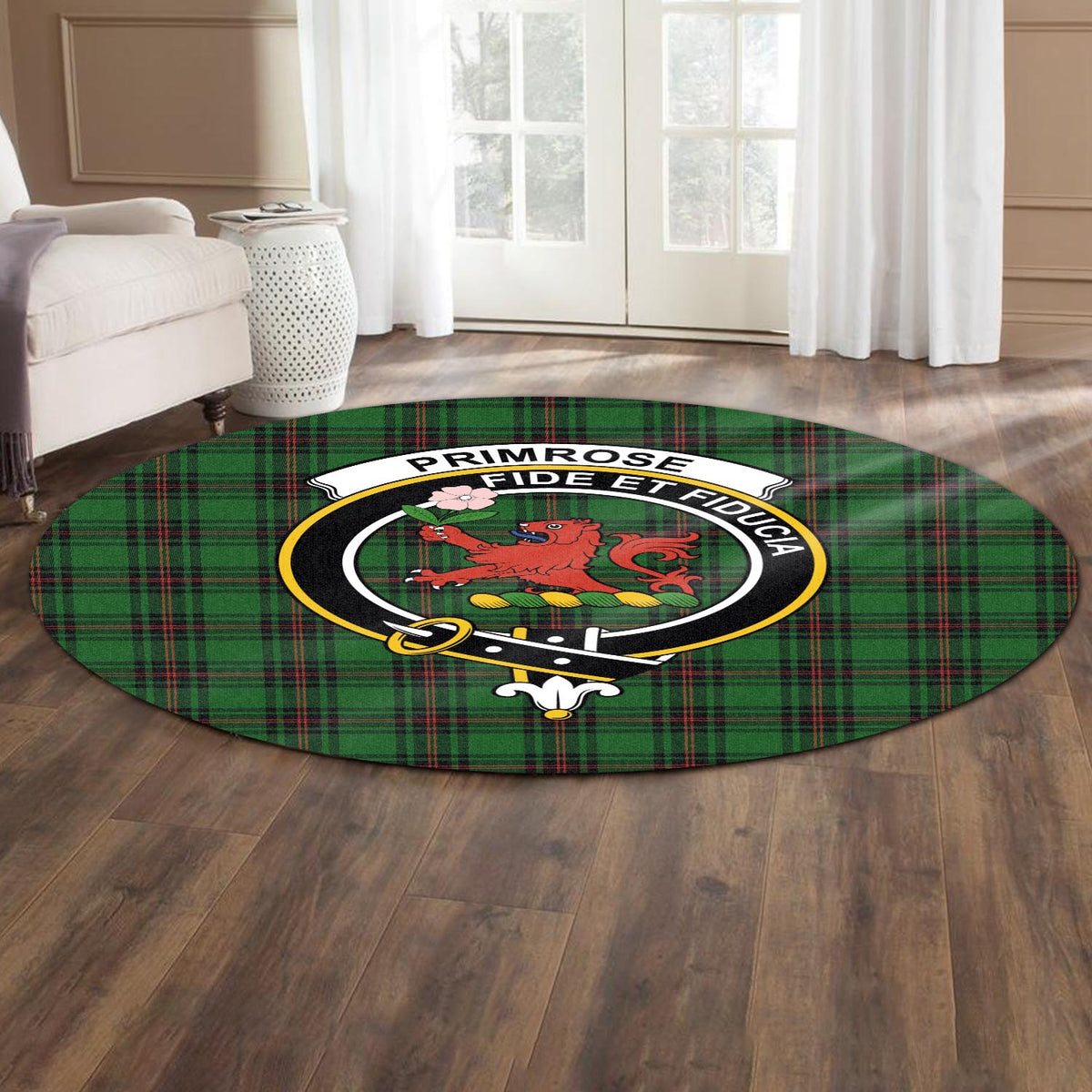 Primrose Tartan Round Rug with Family Crest - Tartan Vibes Clothing