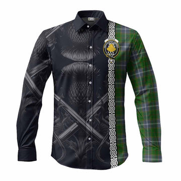 Pringle Tartan Long Sleeve Button Shirt with Family Crest Cross Sword Thistle Celtic Vibes