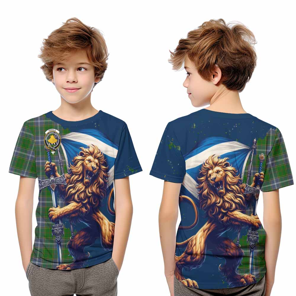 Tartan Vibes Clothing Pringle Tartan Family Crest Kid T-Shirt with Scottish Majestic Lion