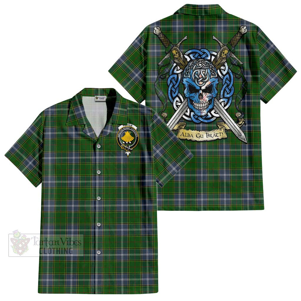 Tartan Vibes Clothing Pringle Tartan Short Sleeve Button Shirt with Family Crest Celtic Skull Style