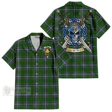 Pringle Tartan Short Sleeve Button Shirt with Family Crest Celtic Skull Style