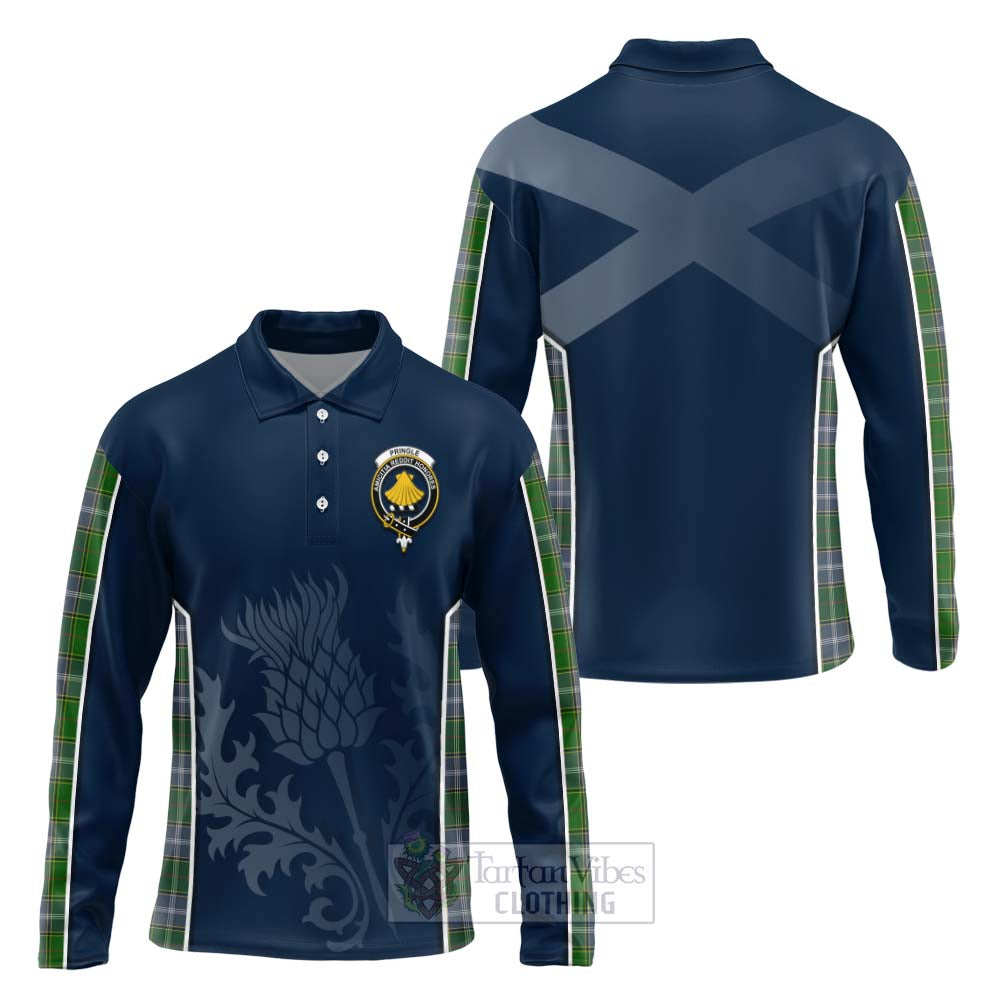 Tartan Vibes Clothing Pringle Tartan Long Sleeve Polo Shirt with Family Crest and Scottish Thistle Vibes Sport Style