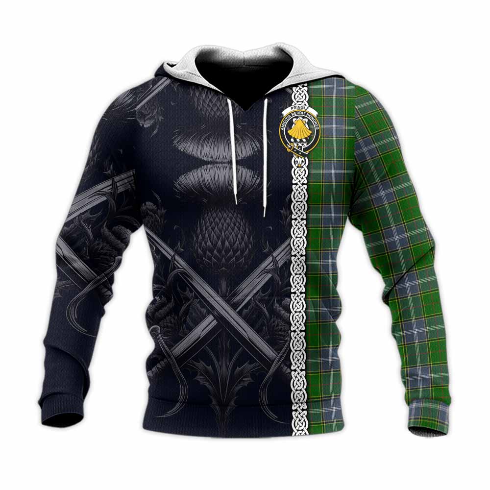 Tartan Vibes Clothing Pringle Tartan Knitted Hoodie with Family Crest Cross Sword Thistle Celtic Vibes