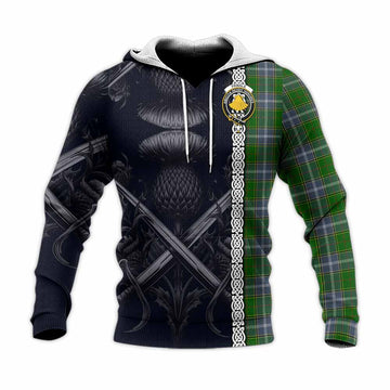 Pringle Tartan Knitted Hoodie with Family Crest Cross Sword Thistle Celtic Vibes