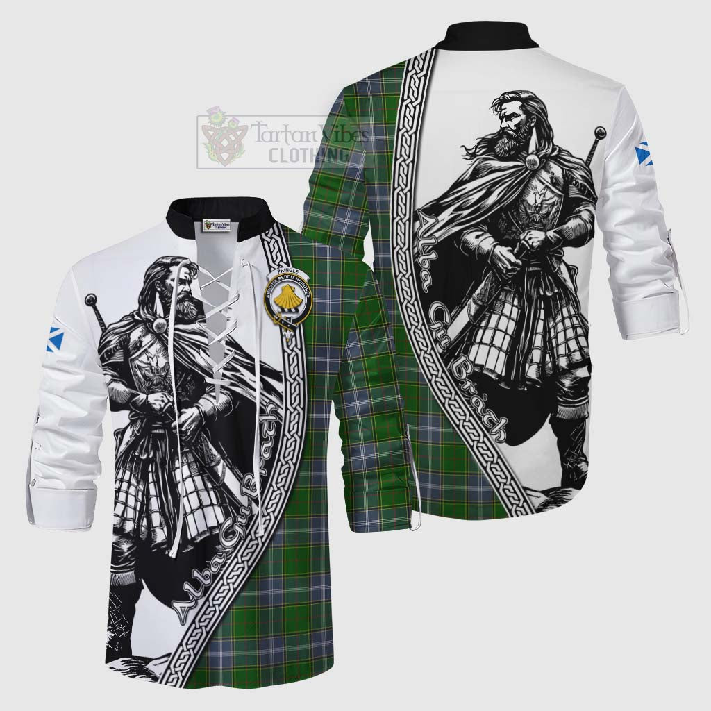 Tartan Vibes Clothing Pringle Tartan Clan Crest Ghillie Kilt Shirt with Highlander Warrior Celtic Style