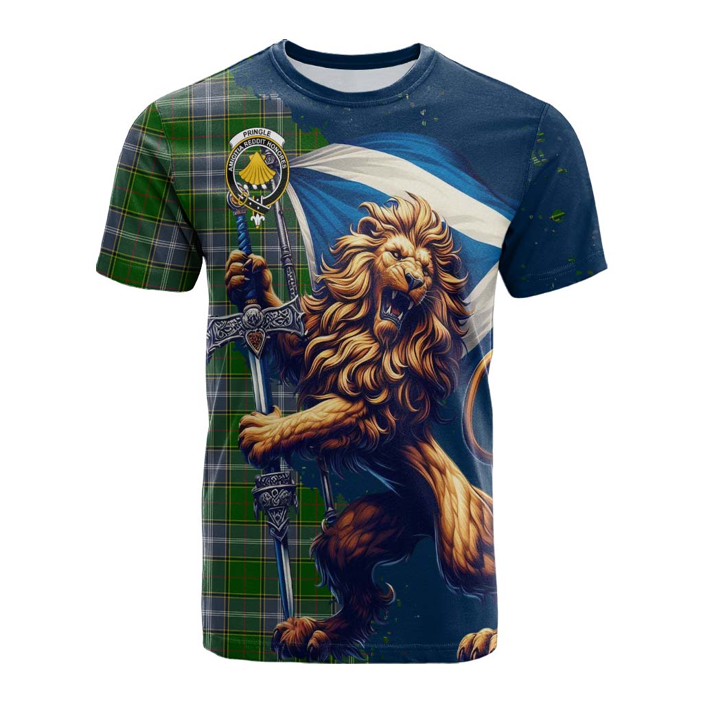 Tartan Vibes Clothing Pringle Tartan Family Crest Cotton T-shirt with Scottish Majestic Lion