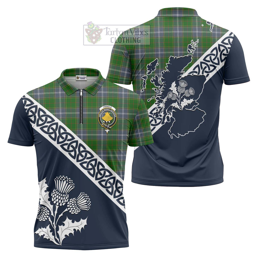 Tartan Vibes Clothing Pringle Tartan Zipper Polo Shirt Featuring Thistle and Scotland Map