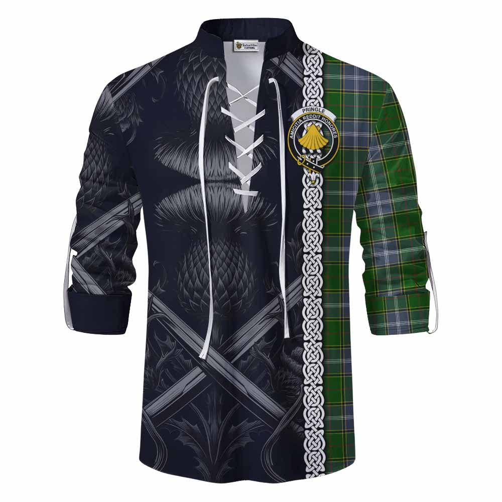 Tartan Vibes Clothing Pringle Tartan Ghillie Kilt Shirt with Family Crest Cross Sword Thistle Celtic Vibes