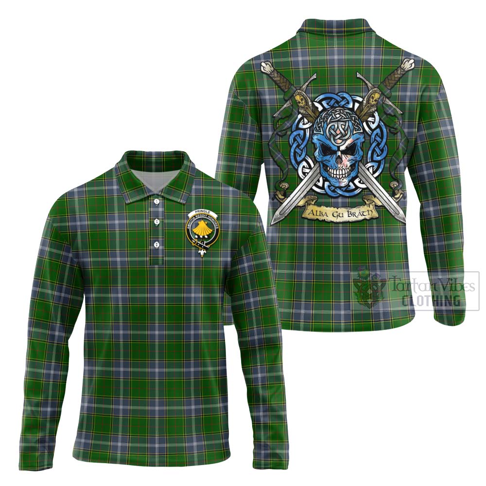 Tartan Vibes Clothing Pringle Tartan Long Sleeve Polo Shirt with Family Crest Celtic Skull Style