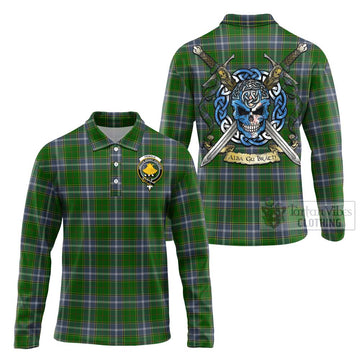 Pringle Tartan Long Sleeve Polo Shirt with Family Crest Celtic Skull Style