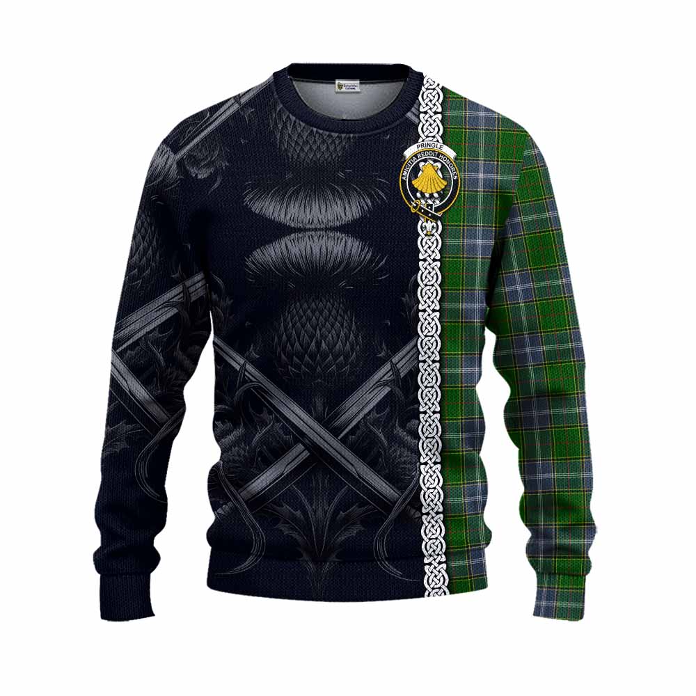 Tartan Vibes Clothing Pringle Tartan Knitted Sweater with Family Crest Cross Sword Thistle Celtic Vibes