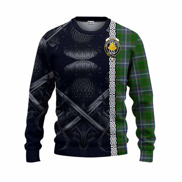 Pringle Tartan Knitted Sweater with Family Crest Cross Sword Thistle Celtic Vibes