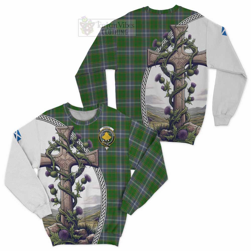 Tartan Vibes Clothing Pringle Tartan Sweatshirt with Family Crest and St. Andrew's Cross Accented by Thistle Vines