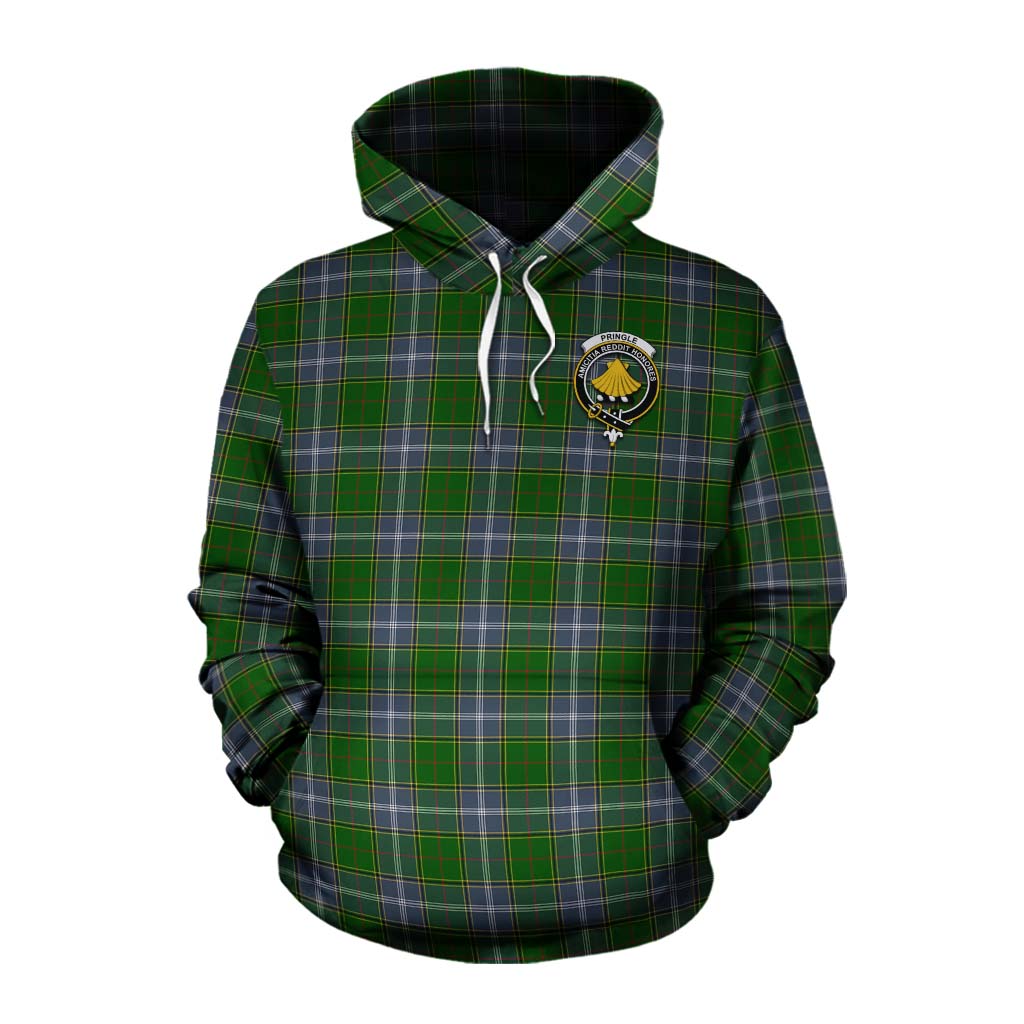 Tartan Vibes Clothing Pringle Tartan Cotton Hoodie with Family Crest Celtic Skull Style