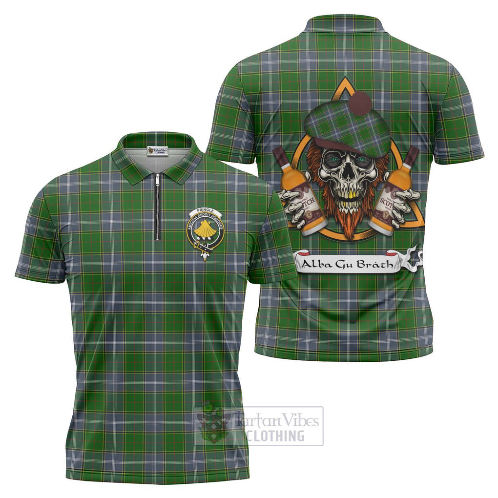 Tartan Vibes Clothing Pringle Tartan Zipper Polo Shirt with Family Crest and Bearded Skull Holding Bottles of Whiskey