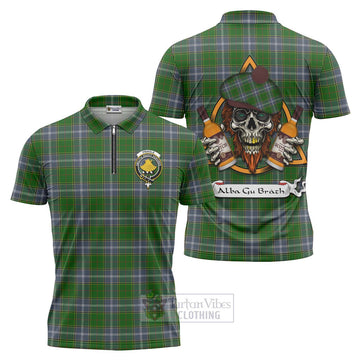 Pringle Tartan Zipper Polo Shirt with Family Crest and Bearded Skull Holding Bottles of Whiskey