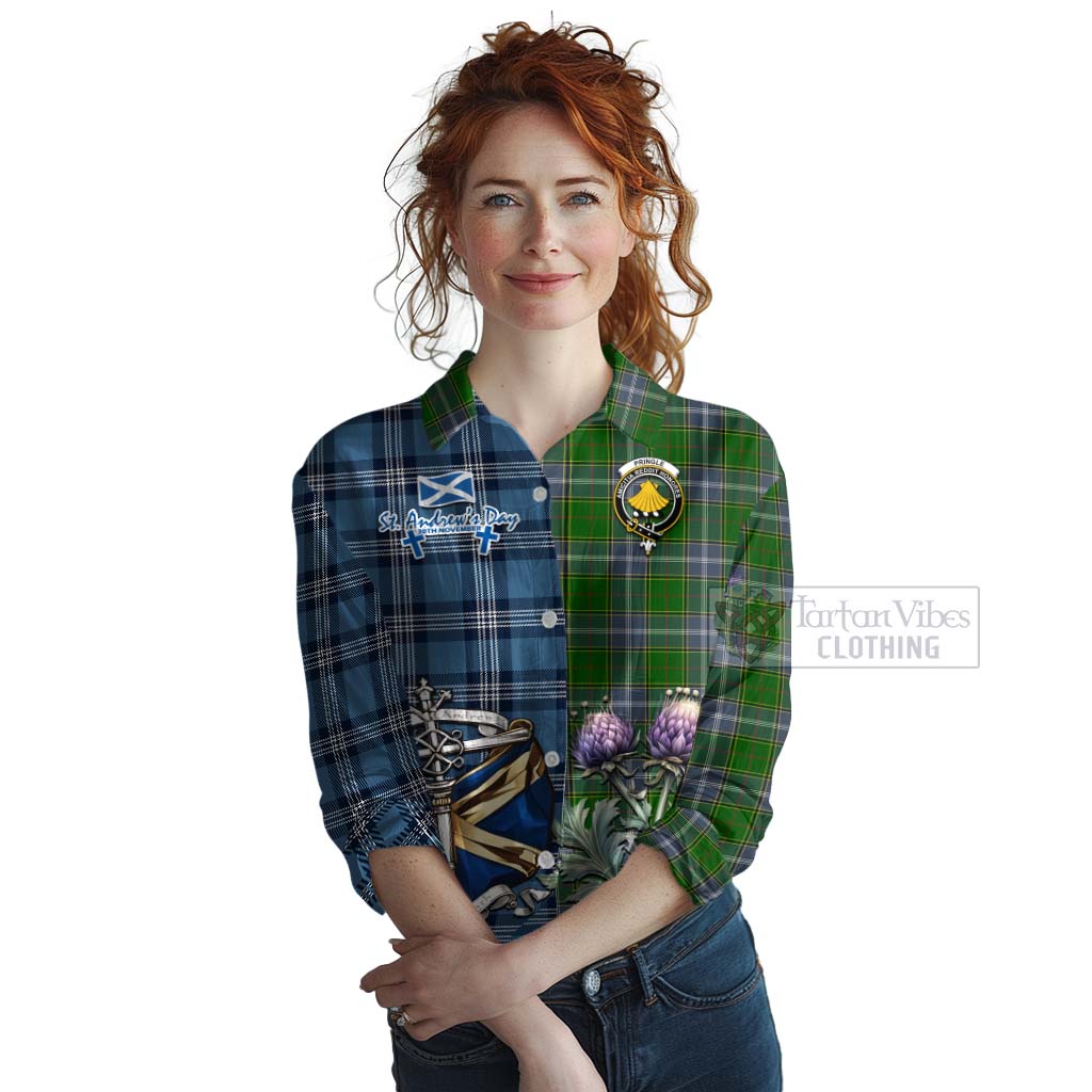 Tartan Vibes Clothing Pringle Tartan Women's Casual Shirt Happy St. Andrew's Day Half Tartan Style