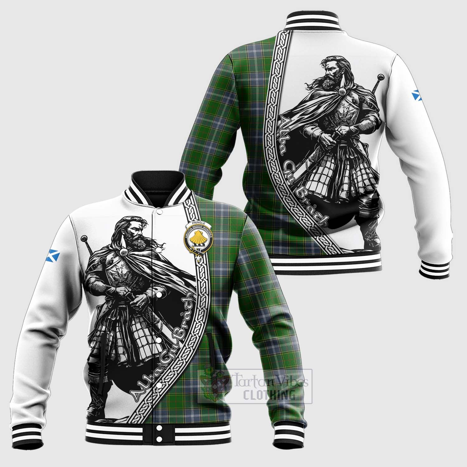 Tartan Vibes Clothing Pringle Tartan Clan Crest Baseball Jacket with Highlander Warrior Celtic Style