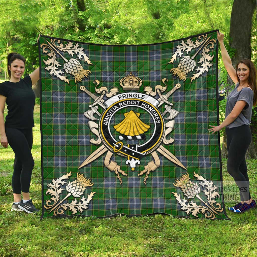 Tartan Vibes Clothing Pringle Tartan Quilt with Family Crest and Scottish Golden Courage Shield