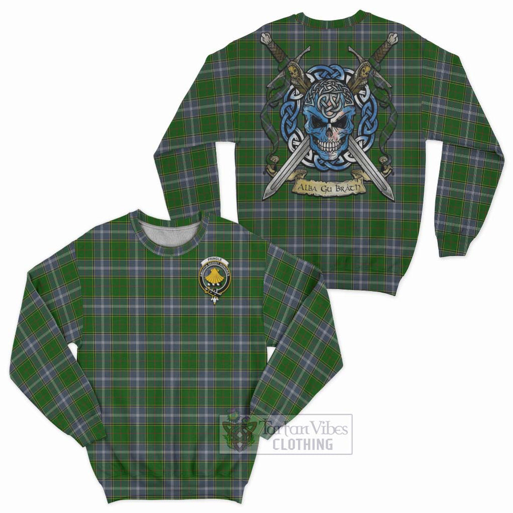 Tartan Vibes Clothing Pringle Tartan Sweatshirt with Family Crest Celtic Skull Style