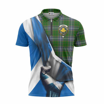 Pringle Tartan Zipper Polo Shirt with Family Crest Scotland Patriotic Style