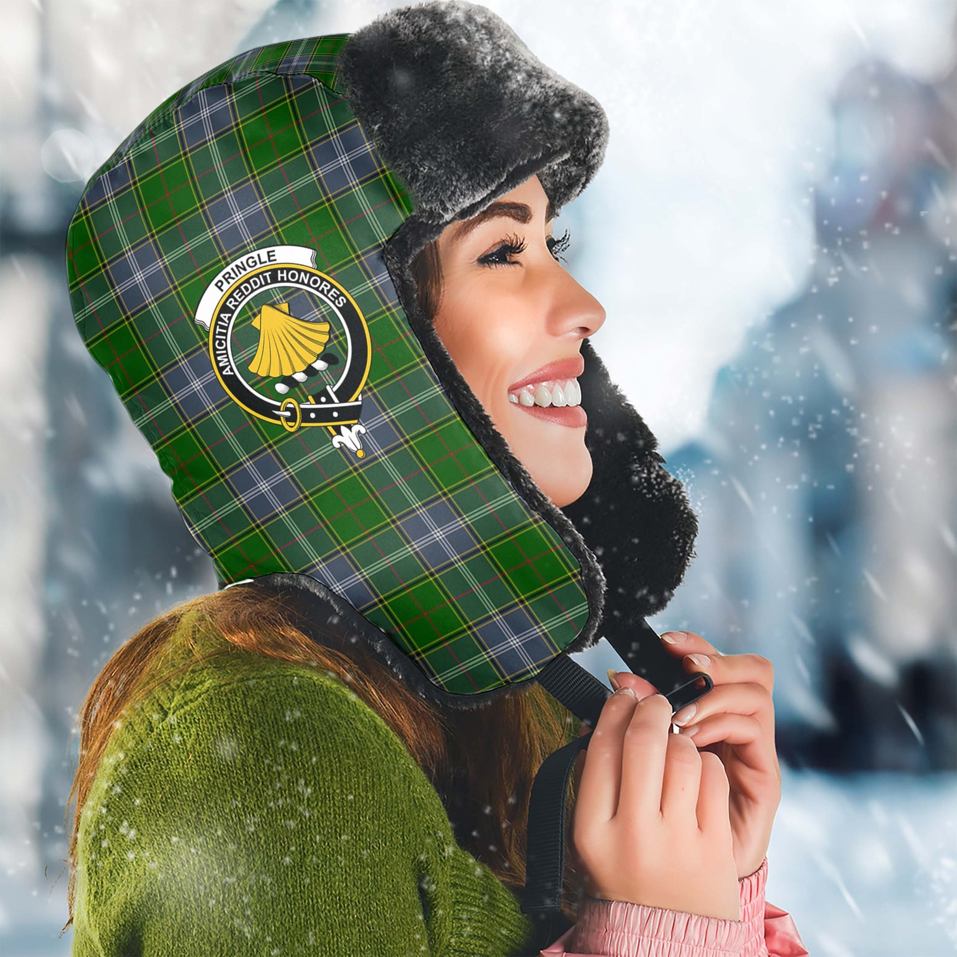 Pringle Tartan Winter Trapper Hat with Family Crest Winter Trapper Hat Universal Fit Circumference 22.8in (58cm) - Tartanvibesclothing