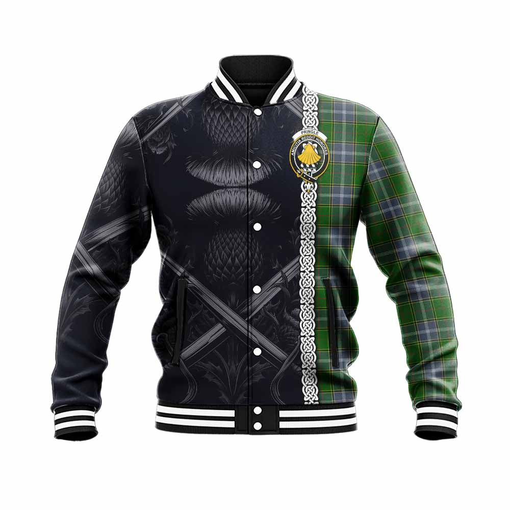 Tartan Vibes Clothing Pringle Tartan Baseball Jacket with Family Crest Cross Sword Thistle Celtic Vibes