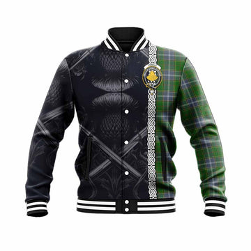 Pringle Tartan Baseball Jacket with Family Crest Cross Sword Thistle Celtic Vibes