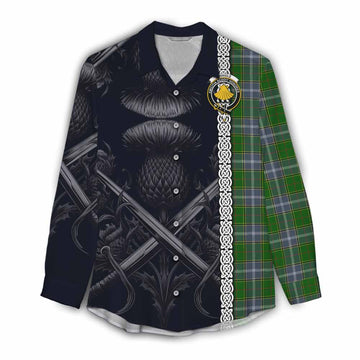 Pringle Tartan Women's Casual Shirt with Family Crest Cross Sword Thistle Celtic Vibes