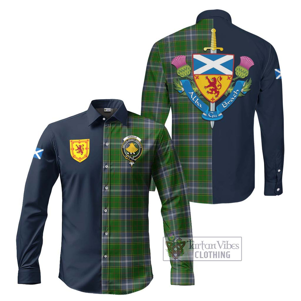 Tartan Vibes Clothing Pringle Tartan Long Sleeve Button Shirt with Scottish Lion Royal Arm Half Style