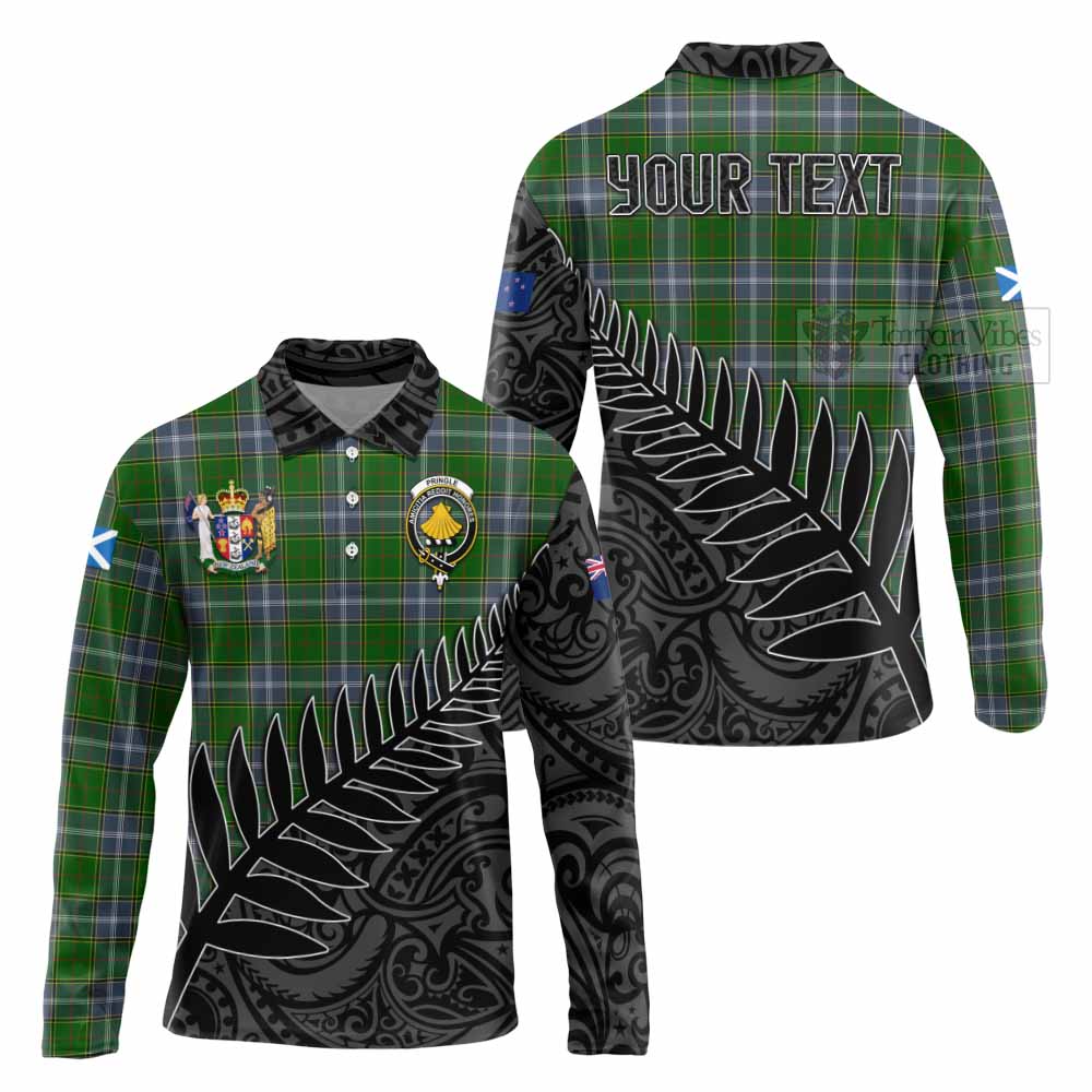 Tartan Vibes Clothing Pringle Crest Tartan Long Sleeve Polo Shirt with New Zealand Silver Fern Half Style