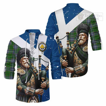 Pringle Tartan Ghillie Kilt Shirt with Family Crest Scottish Bagpiper Vibes