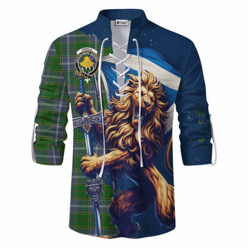 Pringle Tartan Family Crest Ghillie Kilt Shirt with Scottish Majestic Lion