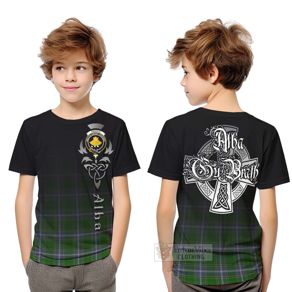 Tartan Vibes Clothing Pringle Tartan Kid T-Shirt Featuring Alba Gu Brath Family Crest Celtic Inspired