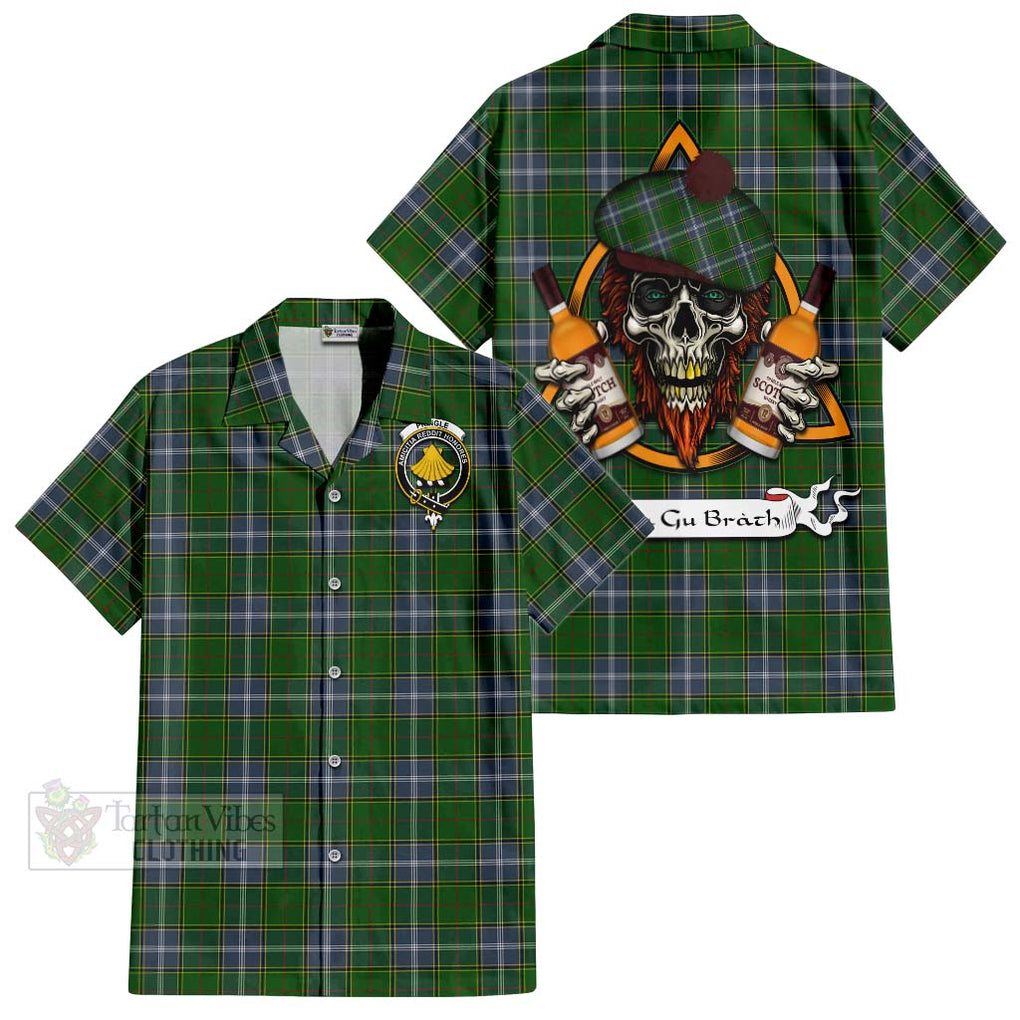 Tartan Vibes Clothing Pringle Tartan Short Sleeve Button Shirt with Family Crest and Bearded Skull Holding Bottles of Whiskey