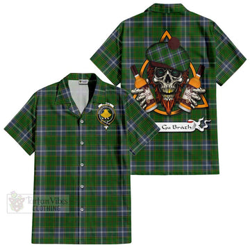 Pringle Tartan Short Sleeve Button Shirt with Family Crest and Bearded Skull Holding Bottles of Whiskey