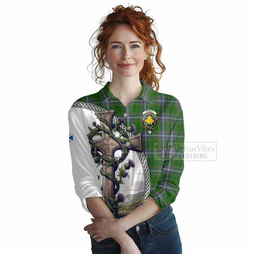 Pringle Tartan Women's Casual Shirt with Family Crest and St. Andrew's Cross Accented by Thistle Vines