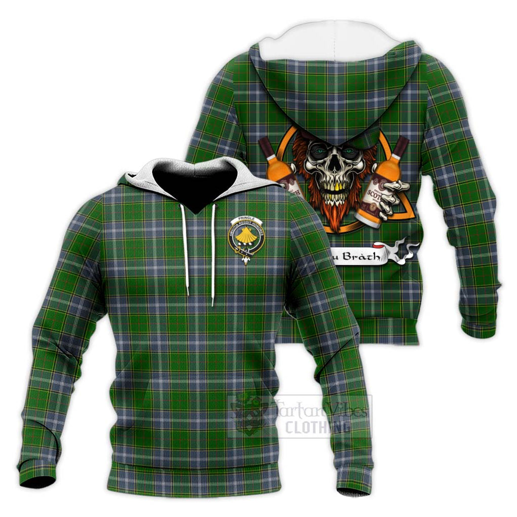 Tartan Vibes Clothing Pringle Tartan Knitted Hoodie with Family Crest and Bearded Skull Holding Bottles of Whiskey